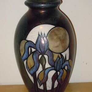 Braemar Raku Pottery Vase Decorative 10" Iris Floral Flower Metallic Glaze